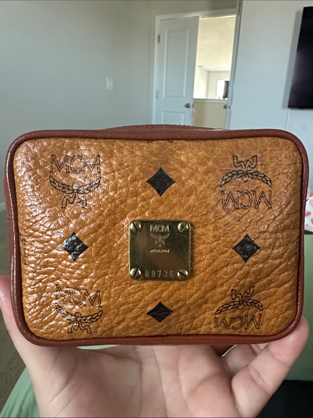 MCM Cognac Monogram Pouch/Belt Bag with Gold Plaque